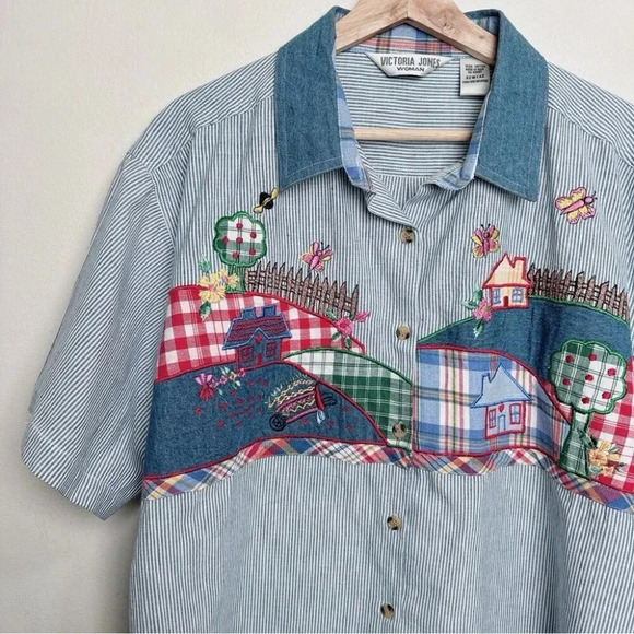 Victoria Jones  Woman 22W Short Sleeve Cotton Button Shirt Embroidery Cottage - Picture 3 of 12